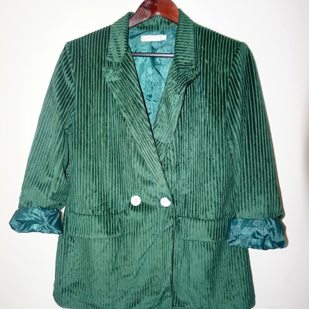 Green Corduroy Longline Blazer W/Two White Buttons